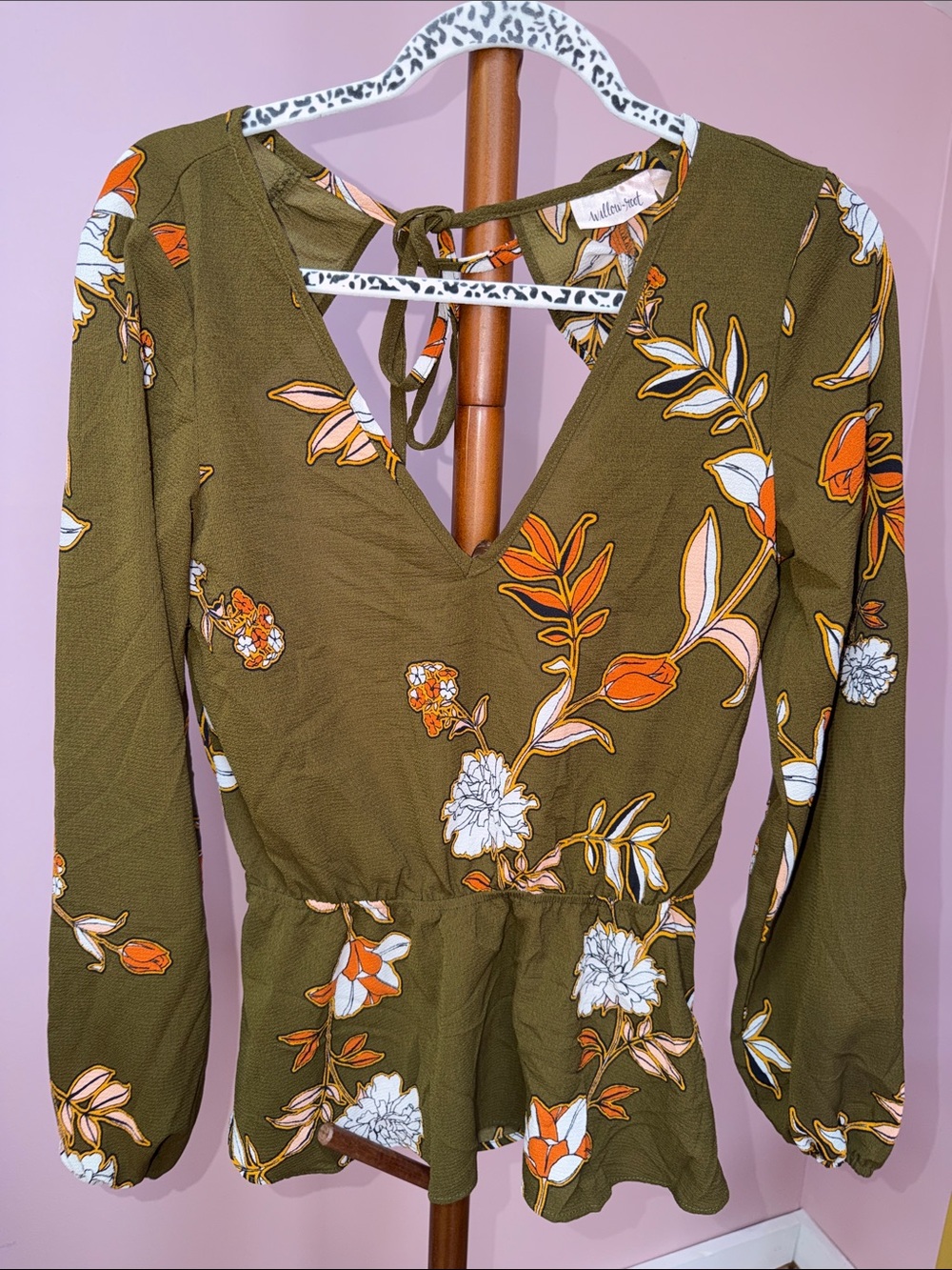 Olive Green Floral V-Neck Peplum Blouse with Tie Back